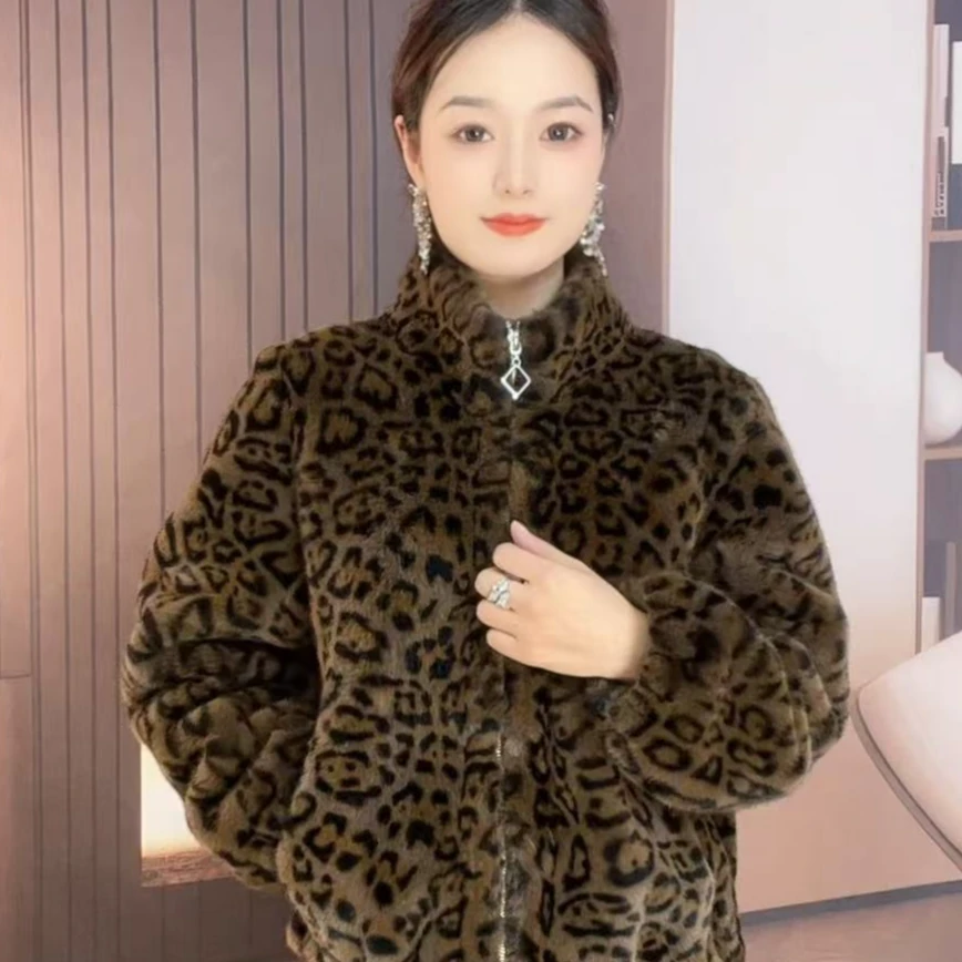秋冬气质皮毛一体豹纹拉链休闲百搭时尚网红立领宽松潮流大衣韩版