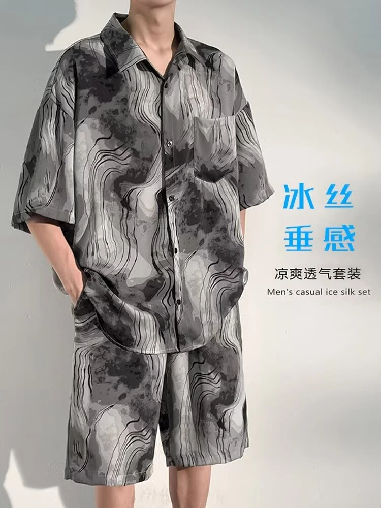 新中式国风冰丝沙滩套装男士夏季薄款宽松大码高级感衬衫短裤夏装