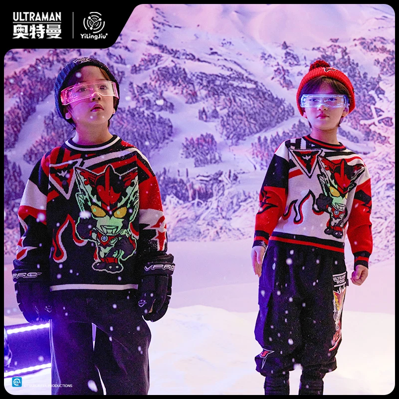 罗索奥特曼男童女宝夜光印花保暖针织衫潮酷毛衣儿童长袖宽松加绒