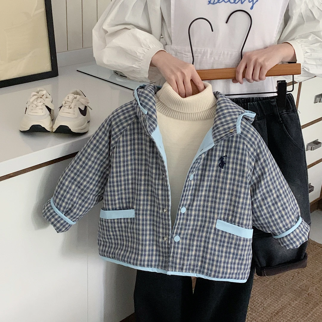 儿童冬季棉衣加绒加厚保暖男童女童格子刺绣连帽上衣外套