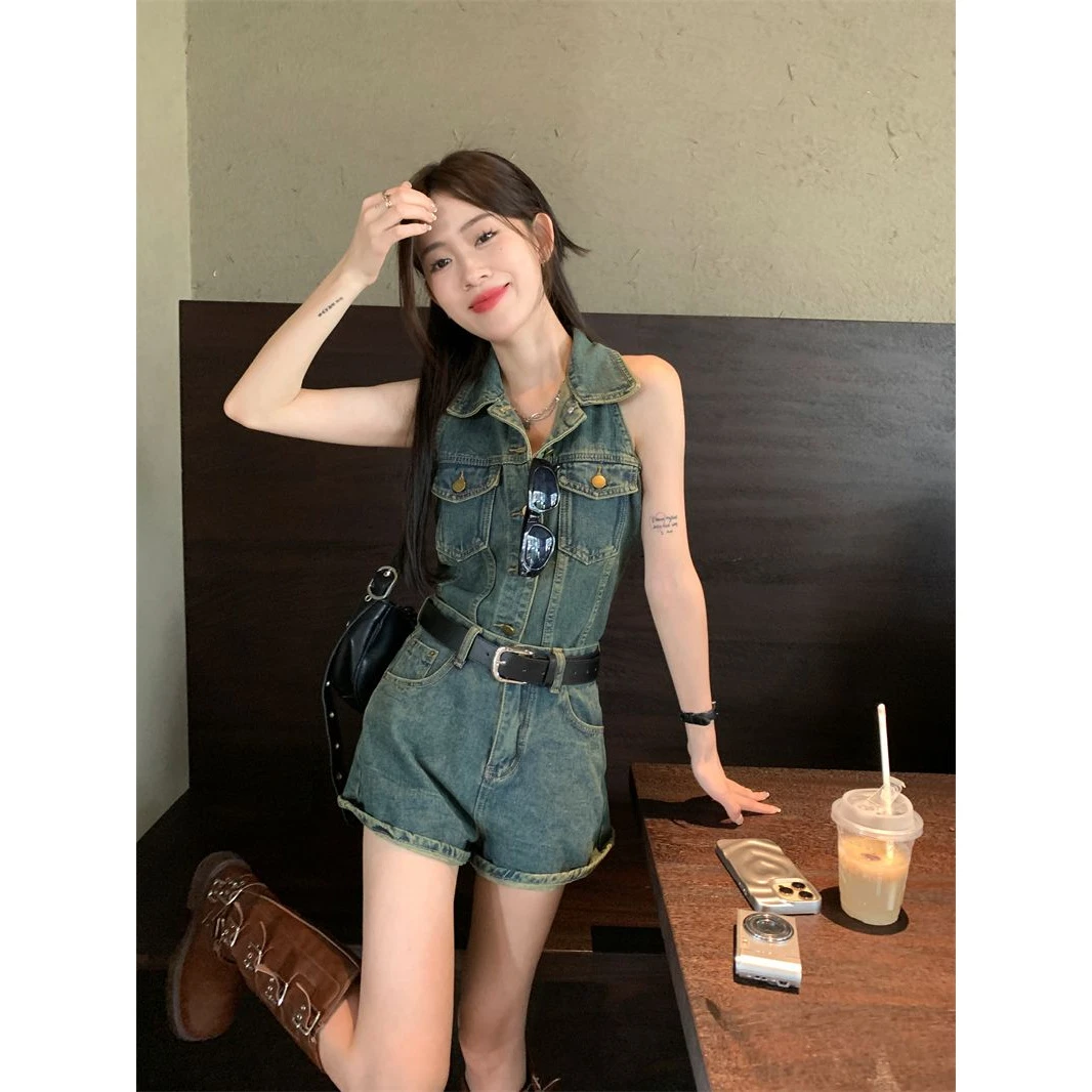 2024夏季复古水洗牛仔挂脖无袖连体高腰休闲短裤套装女新款小众款