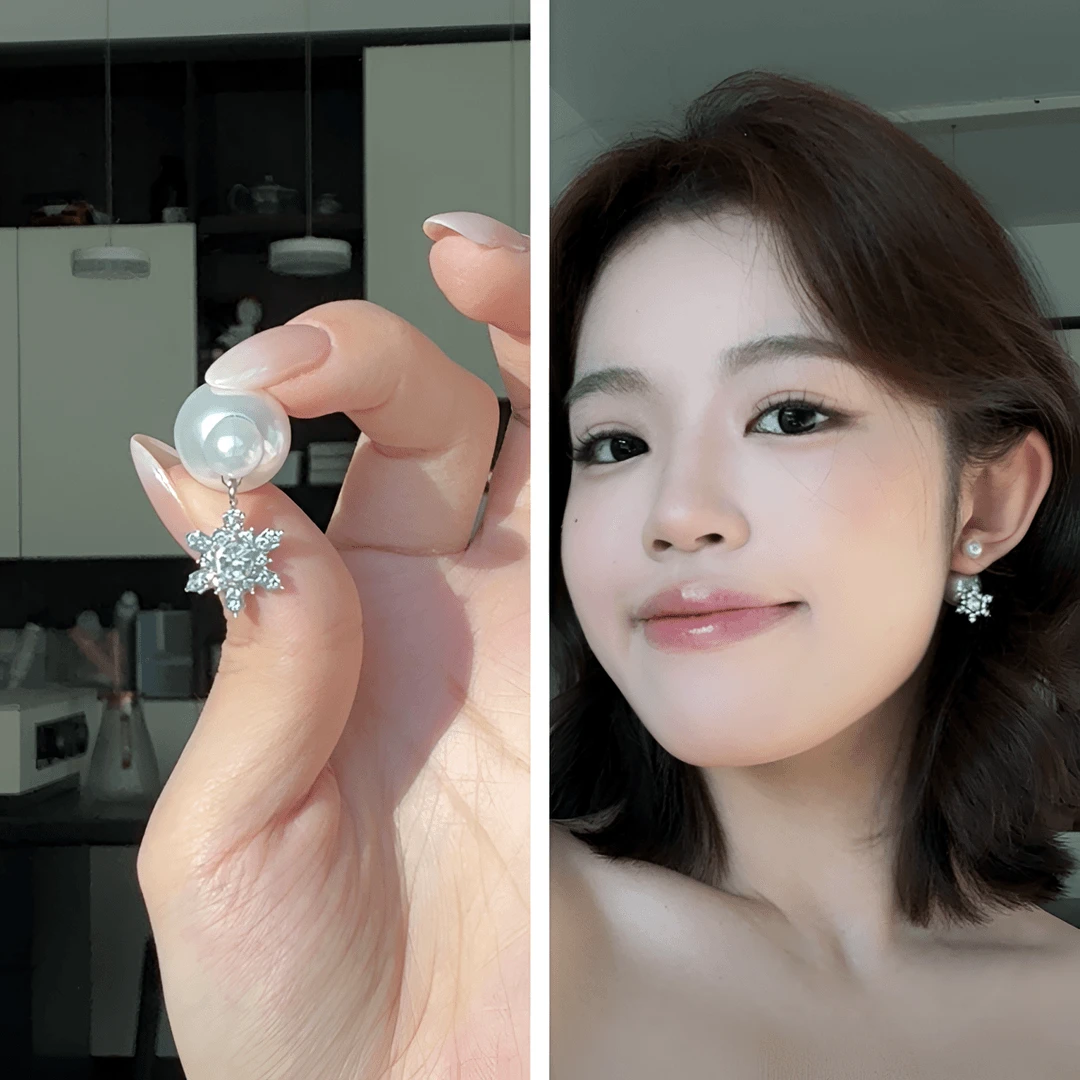 铜合金耳饰 轻奢小众设计感后挂式雪花珠珠耳钉高级一款两戴耳饰