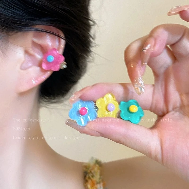 合金耳饰 多巴胺彩色花朵耳骨夹无耳洞新款耳夹甜美气质森系耳饰