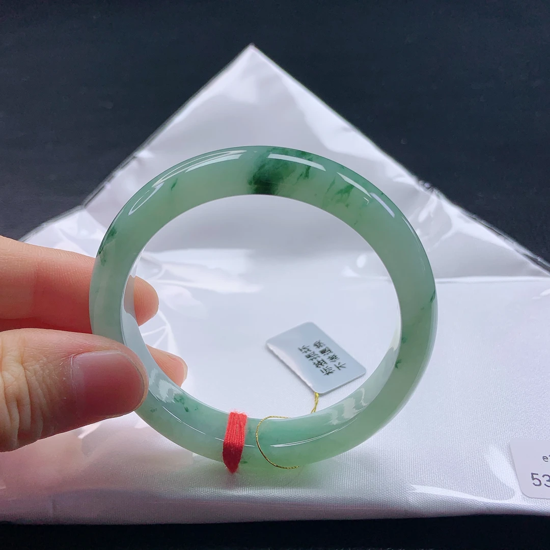 53➕圈冰种胶润绿底飘花正圈手镯缅甸天然a货正品飘绿平安天然玉镯