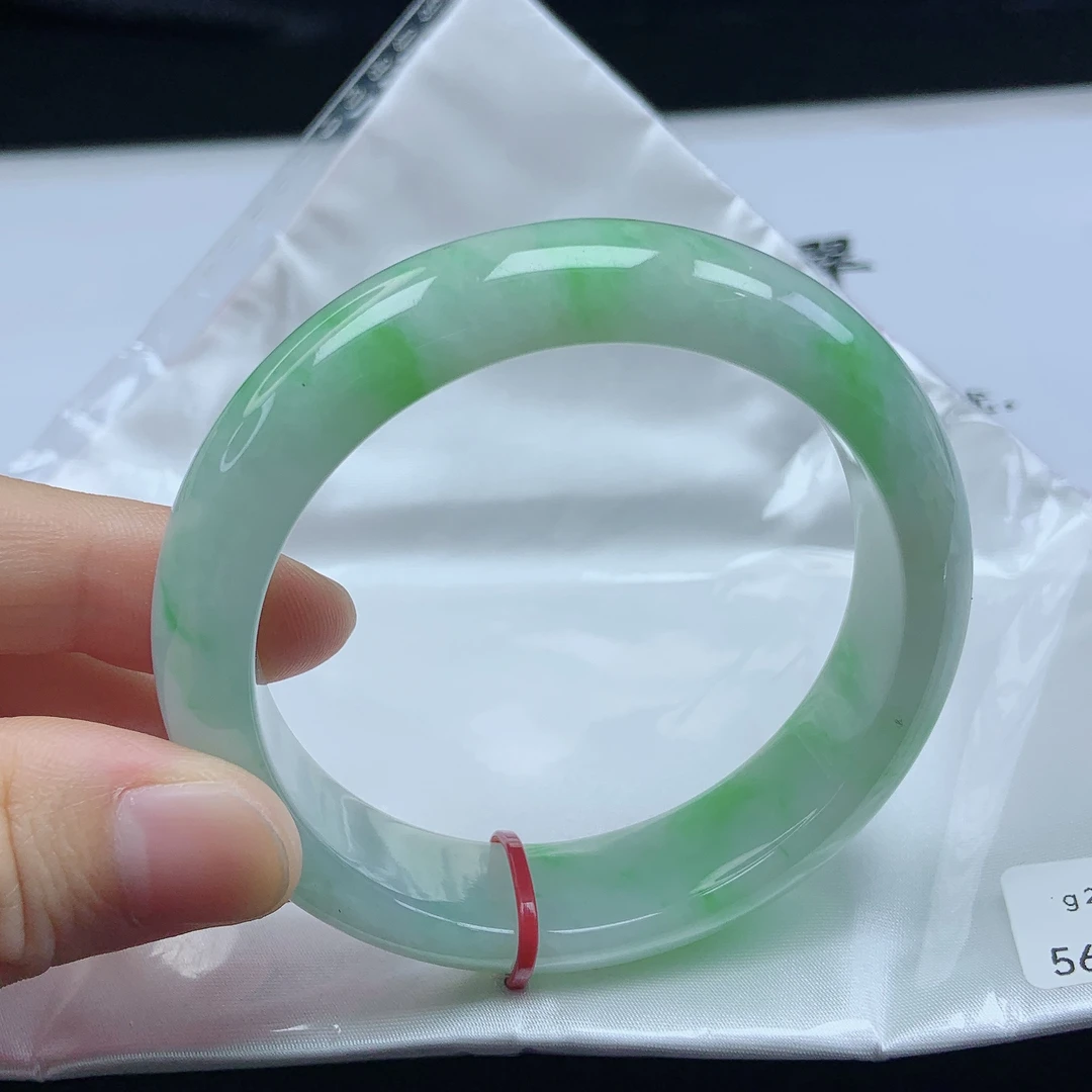 56➕圈口缅甸天然a货翡翠冰种飘阳绿宽边手镯女款平安镯