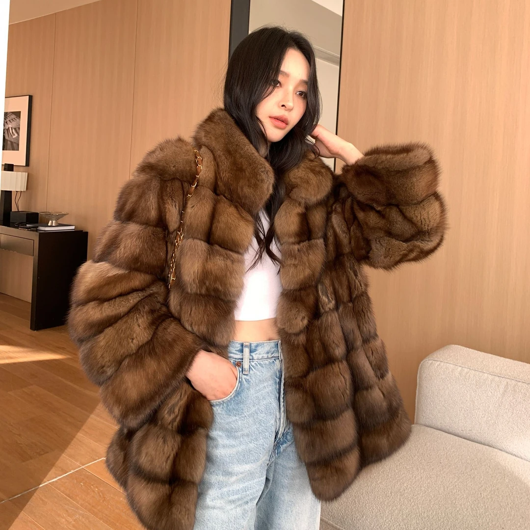 2024新款时尚俄罗斯貂气质百搭冬季皮草水貂外套连帽显瘦立领