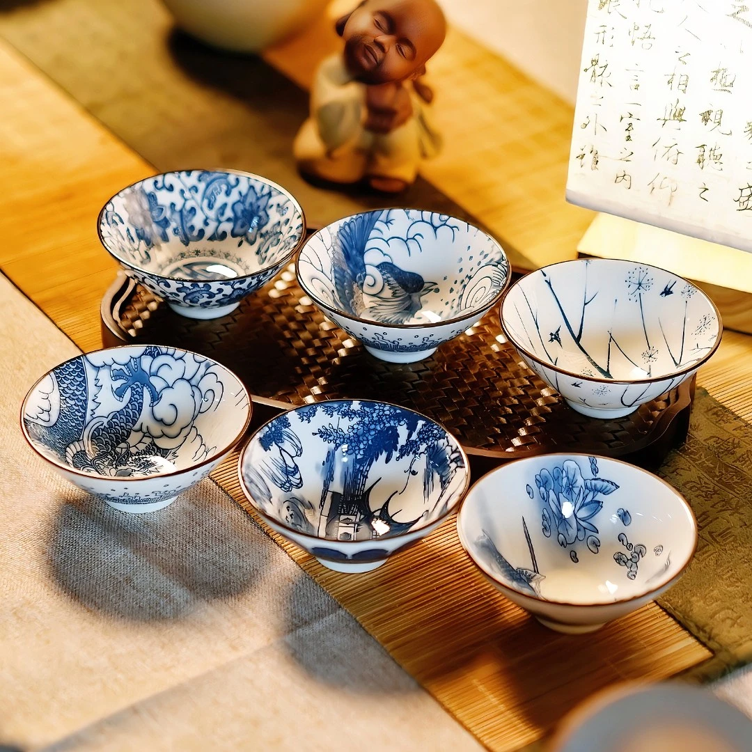 2024爆款仿古青花斗笠杯手绘家用主人杯陶瓷大号日式茶杯白瓷茶具