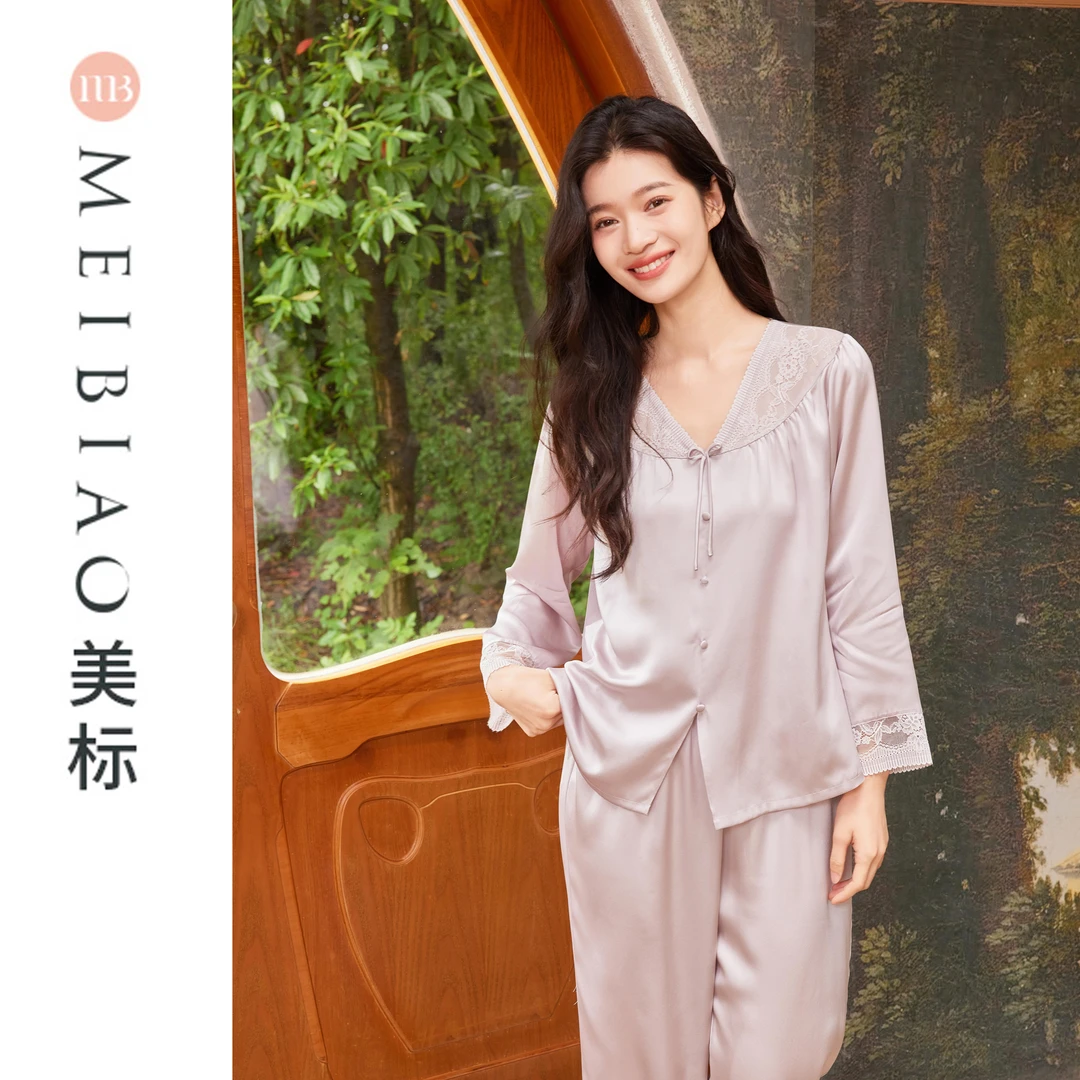 美标女款长袖重磅真丝睡衣套装夏季100%桑蚕丝家居服100192