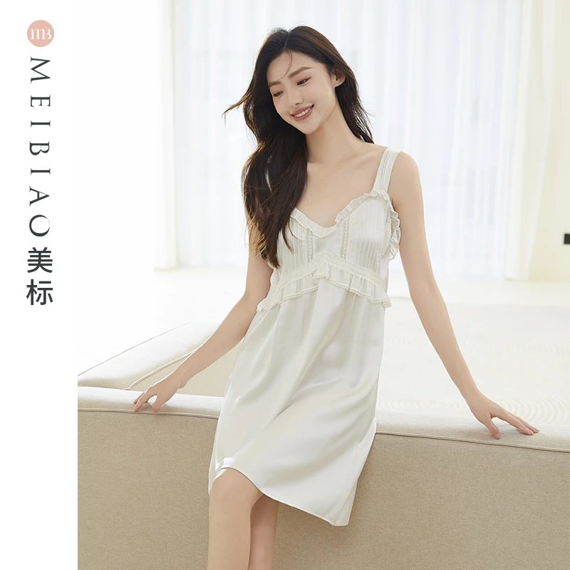 美标夏季100%桑蚕丝女士睡裙奶油霜白休闲睡衣丝绸家居服100167