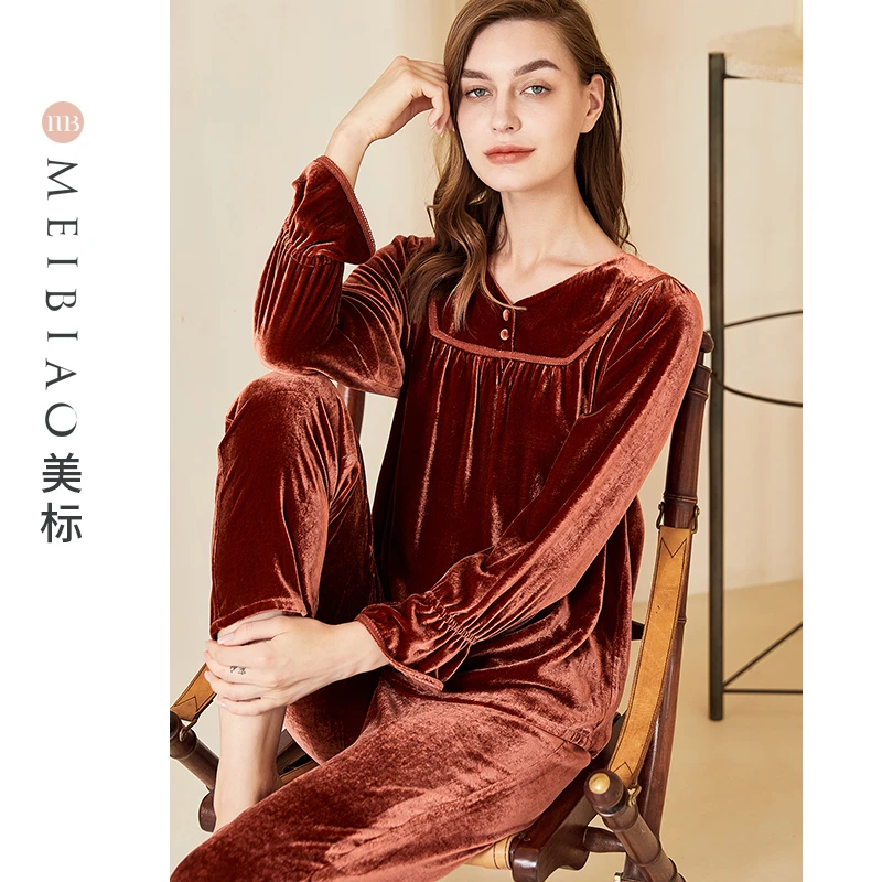 美标秋冬100%桑蚕丝19姆米真丝丝绒纯色女士保暖睡衣套装100065