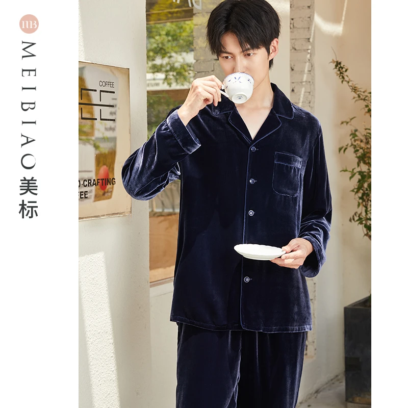 美标春秋高端真丝长袖保暖休闲情侣100%桑蚕丝套装家居服 100143