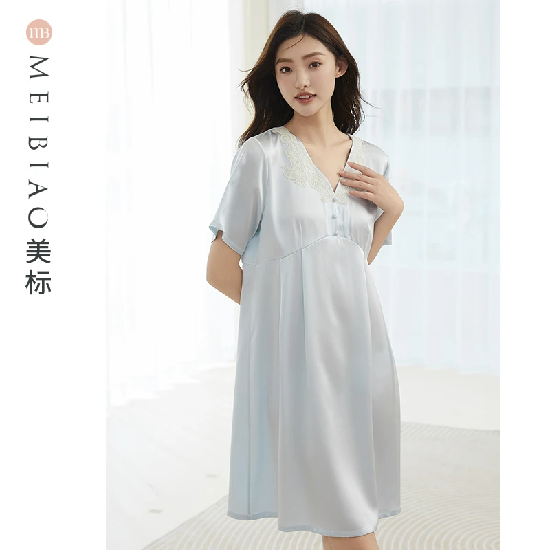 美标夏季100%桑蚕丝女士夏天长款短袖睡裙睡衣丝绸家居服100163