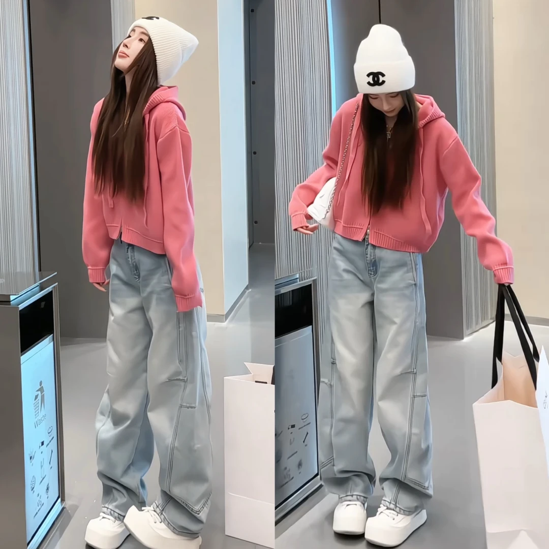 韩系连帽双拉链针织毛衣开衫+高腰显瘦明线设计加绒弯刀牛仔裤女