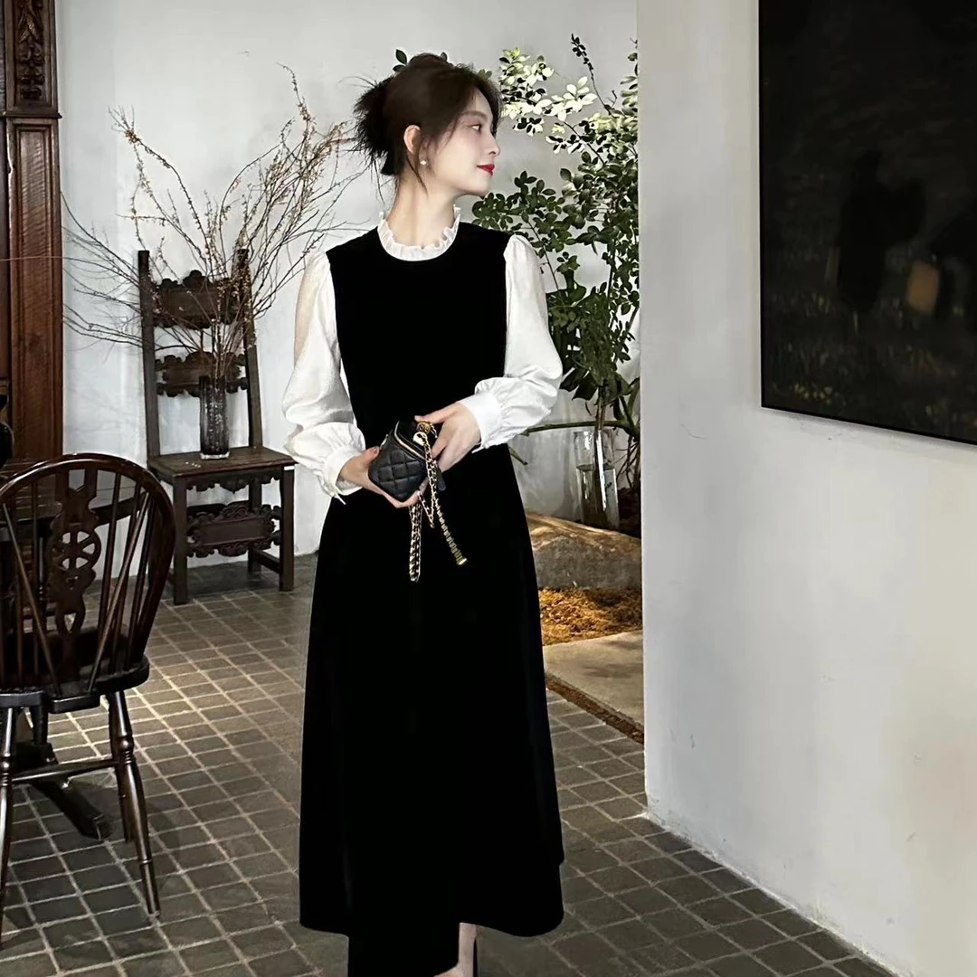 2023秋冬百搭长袖中长款连衣裙气质拼接撞色裙子时尚