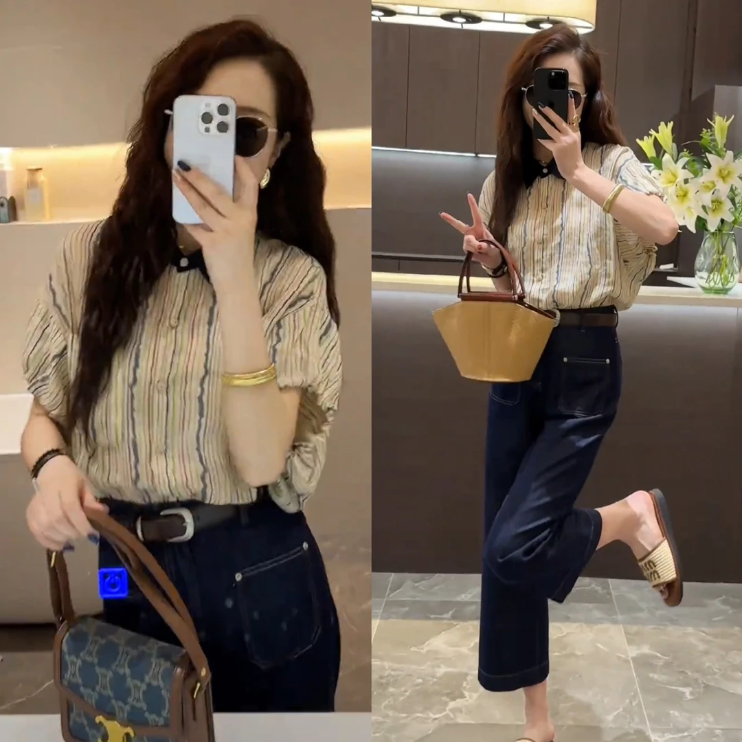 2024年夏季时尚百搭新款短袖衬衫+直筒裤牛仔裤两件套女装