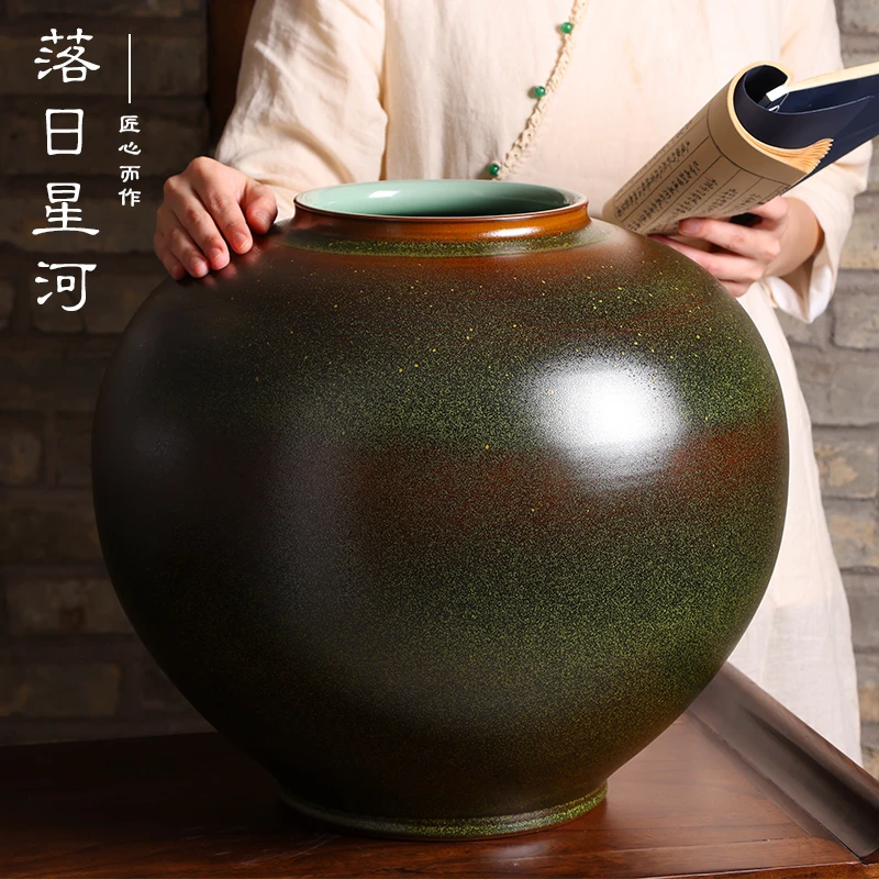 龙泉产地王林强青瓷陶瓷纯手工结晶釉圆罐复古摆件落日星河