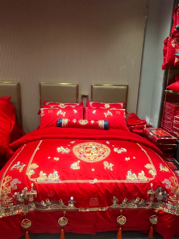 百子款中式婚庆刺绣四件套大红色结婚床品