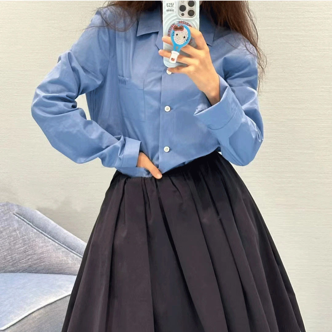 高定星星蓝色纯色府绸衬衫小众上衣气质A字长袖衬衣jk百搭学院风
