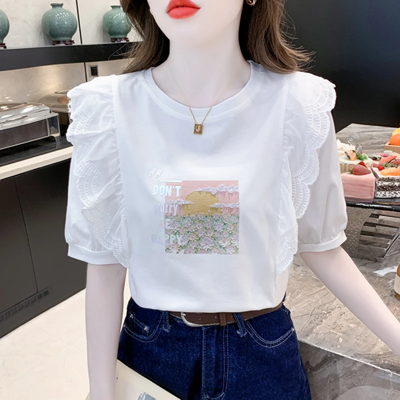荷叶边短袖t恤女夏宽松2024年新款韩版印花白色百搭体恤ins潮上衣
