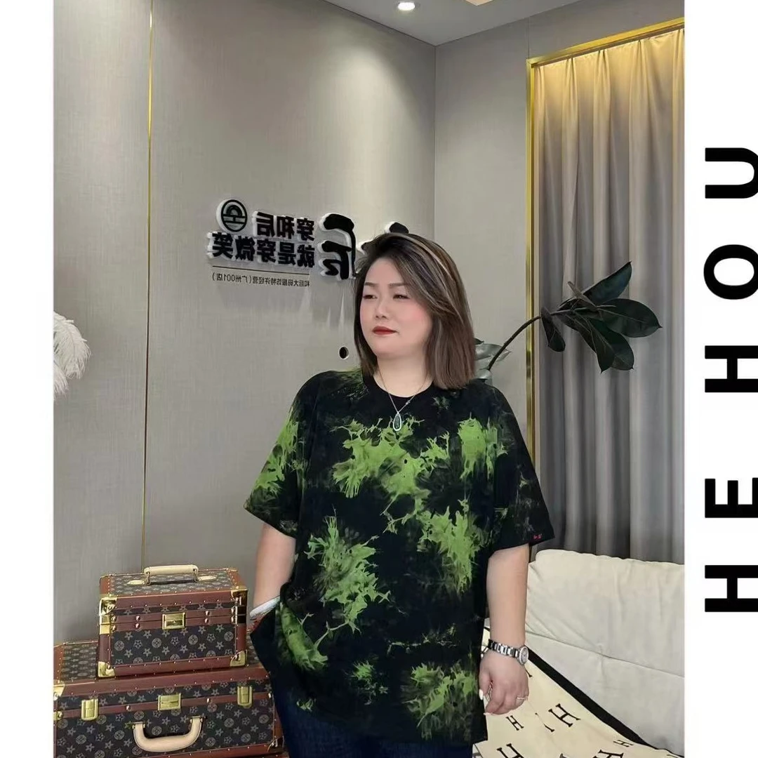 52120 和后大码 扎染烧花潮流百搭圆领显瘦T恤印花夏季绿色宽松