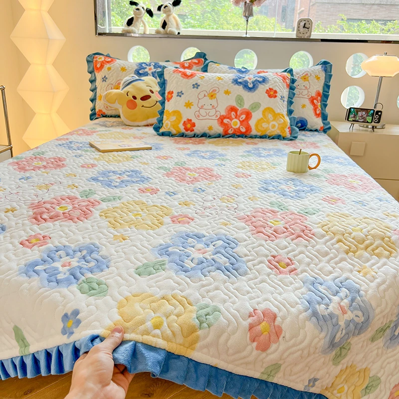 霍马新款牛奶绒夹棉加厚床盖单件榻榻米绗缝防滑花边炕盖双人冬季