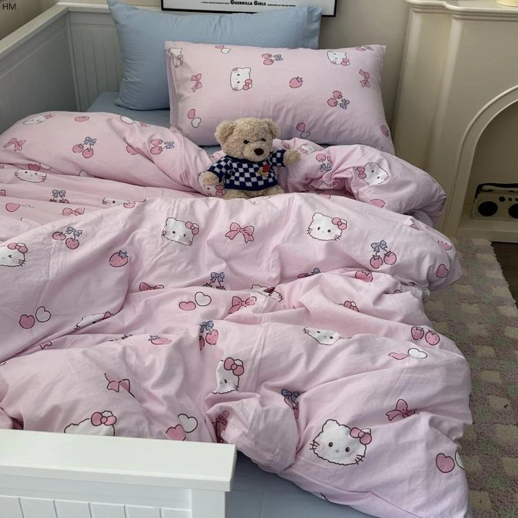ins少女粉色可爱KT水洗棉四件套床单纯色被套大学生宿舍三件套1.8
