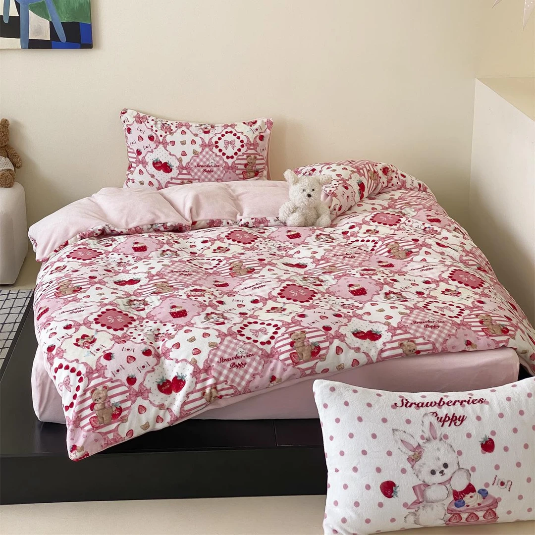 lolita草莓冰激凌280g牛奶绒保暖床品三套件四件套加厚被套罩床垫