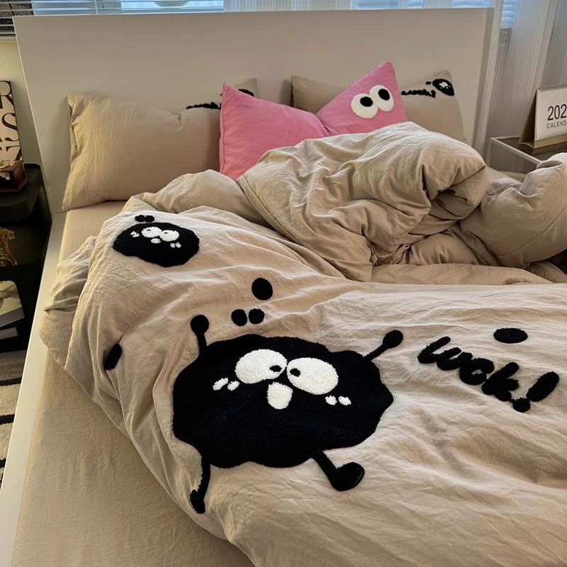 霍马卡通可爱煤球水洗棉床上四件套ins毛巾绣被套床单宿舍三件套4