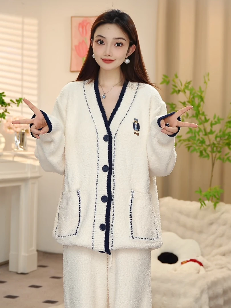 秋冬高端软绵绵家居服半边绒简约宽松加绒毛绒睡衣睡衣女套装