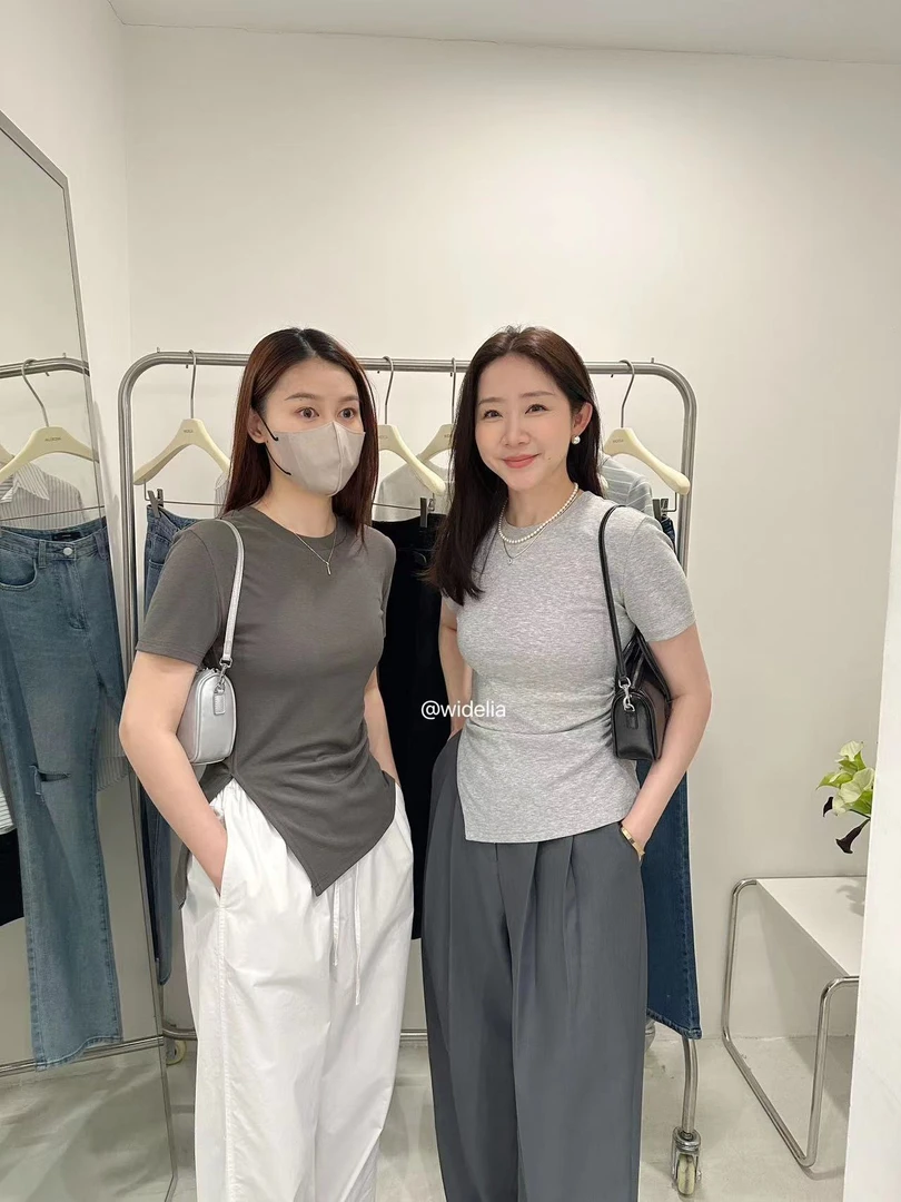 2023年新款夏季纯色修身收腰显瘦开叉圆领韩版短袖T恤上衣女7176