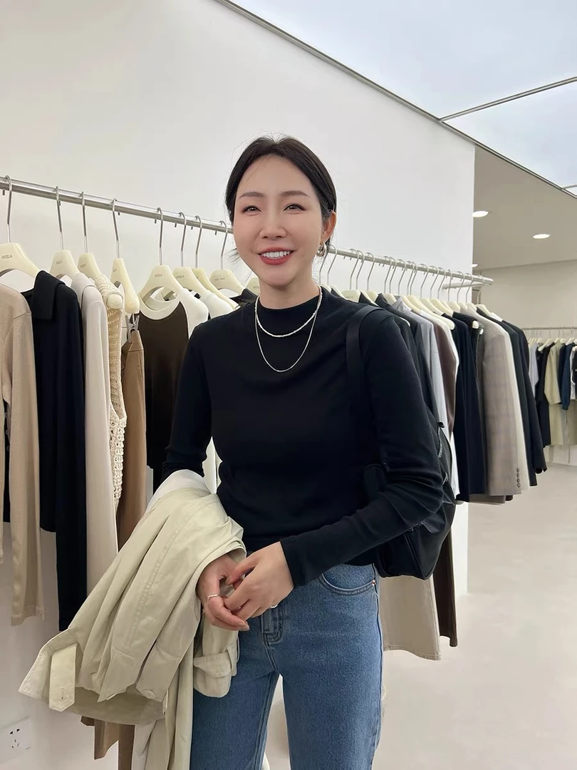 widelia秋季新款小立领纯色修身百搭显瘦打底衫长袖T恤上衣女9027