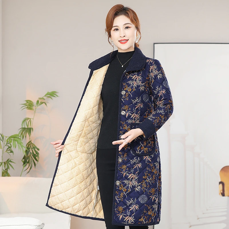 妈妈装冬装新款棉衣时尚加绒翻领中长款休闲保暖冬季中老年棉服女