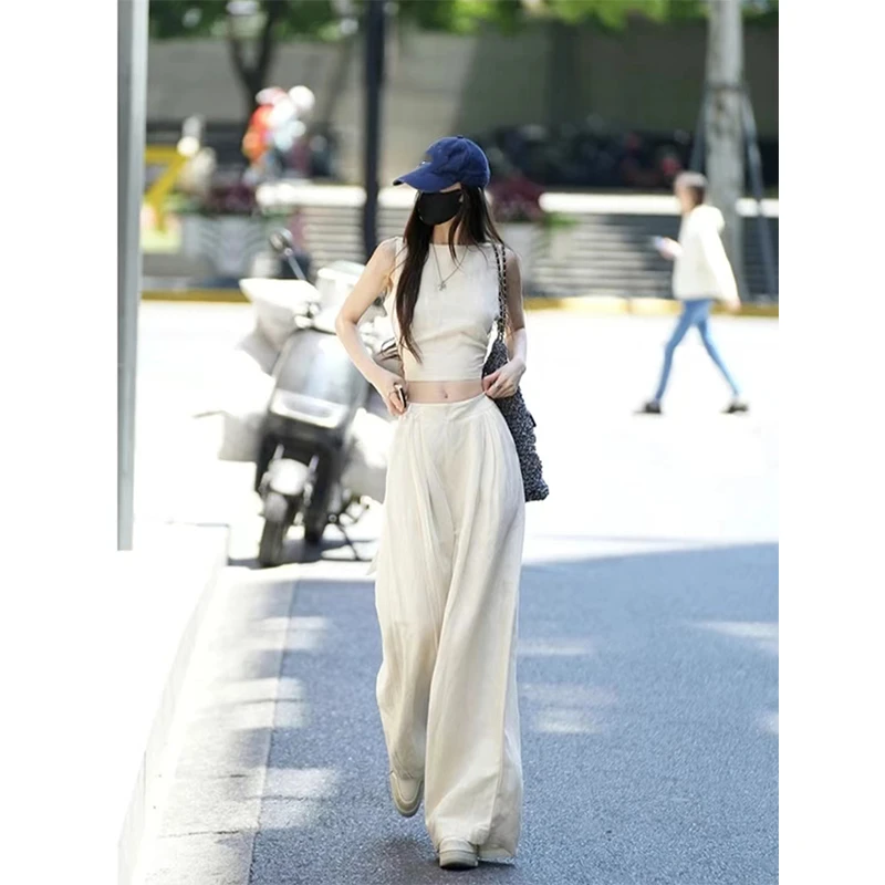 时尚套装女士夏季圆领露背系带法式显瘦百搭上衣直筒休闲裤两件套