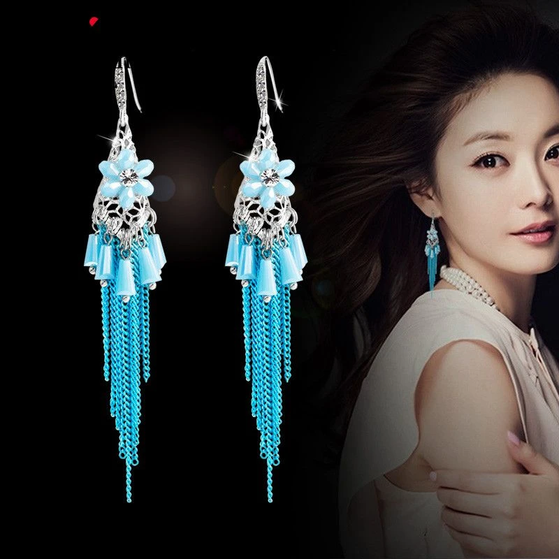 合金耳饰 古风手工耳饰民族风耳环民族特色时尚流苏水晶长款耳环