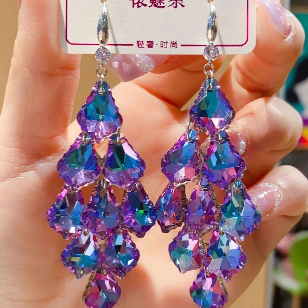 合金仿水晶耳饰 韩版夸张水晶耳环简约长款流苏轻奢高级感耳环