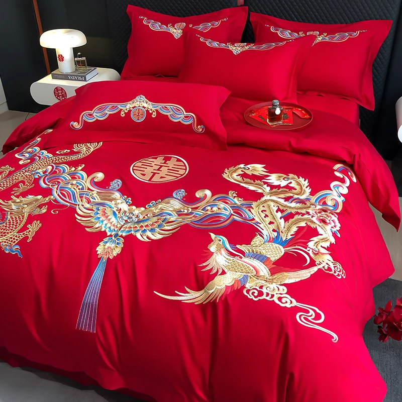 水星家纺适用中式龙凤刺绣婚庆四件套大红色床单结婚被套床笠床品