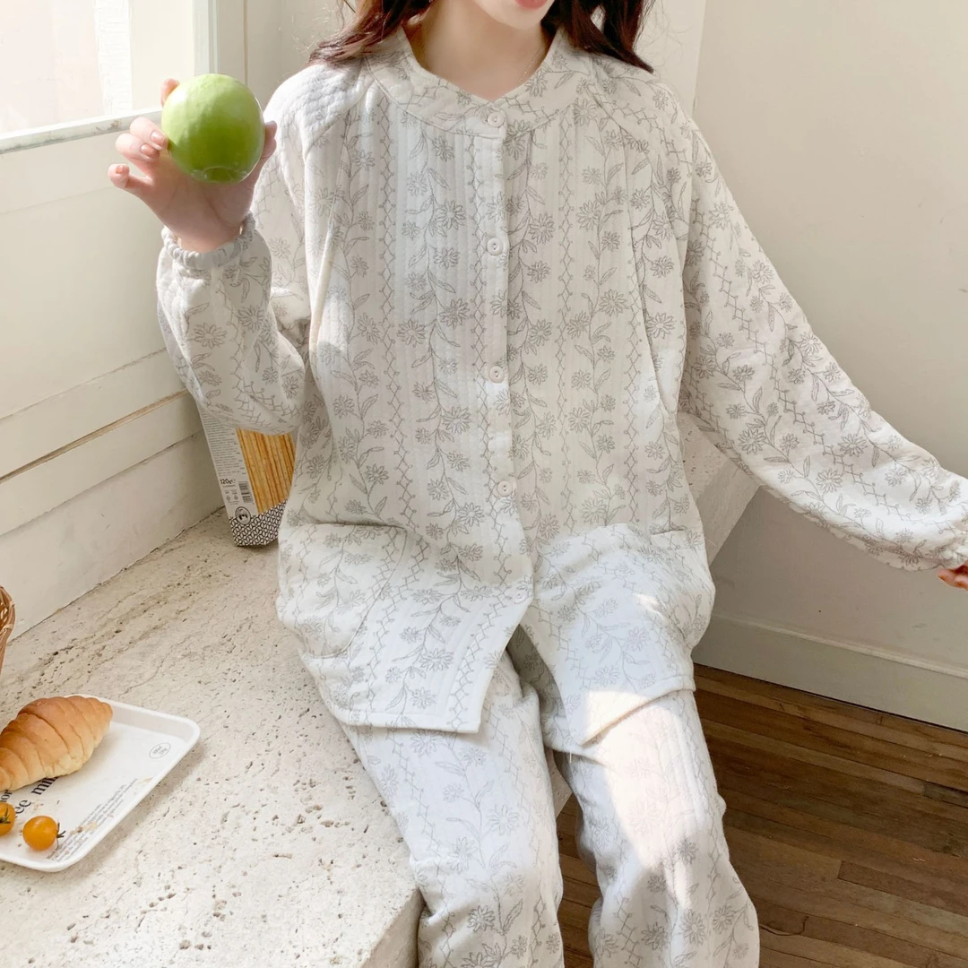 秋冬孕妇哺乳睡衣空气棉夹棉产前产后可哺乳喂奶家居服甜美套装