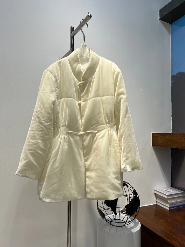 2023新品中式短外套棉衣女真丝丝绒长袖中长款国风盘扣立领棉服