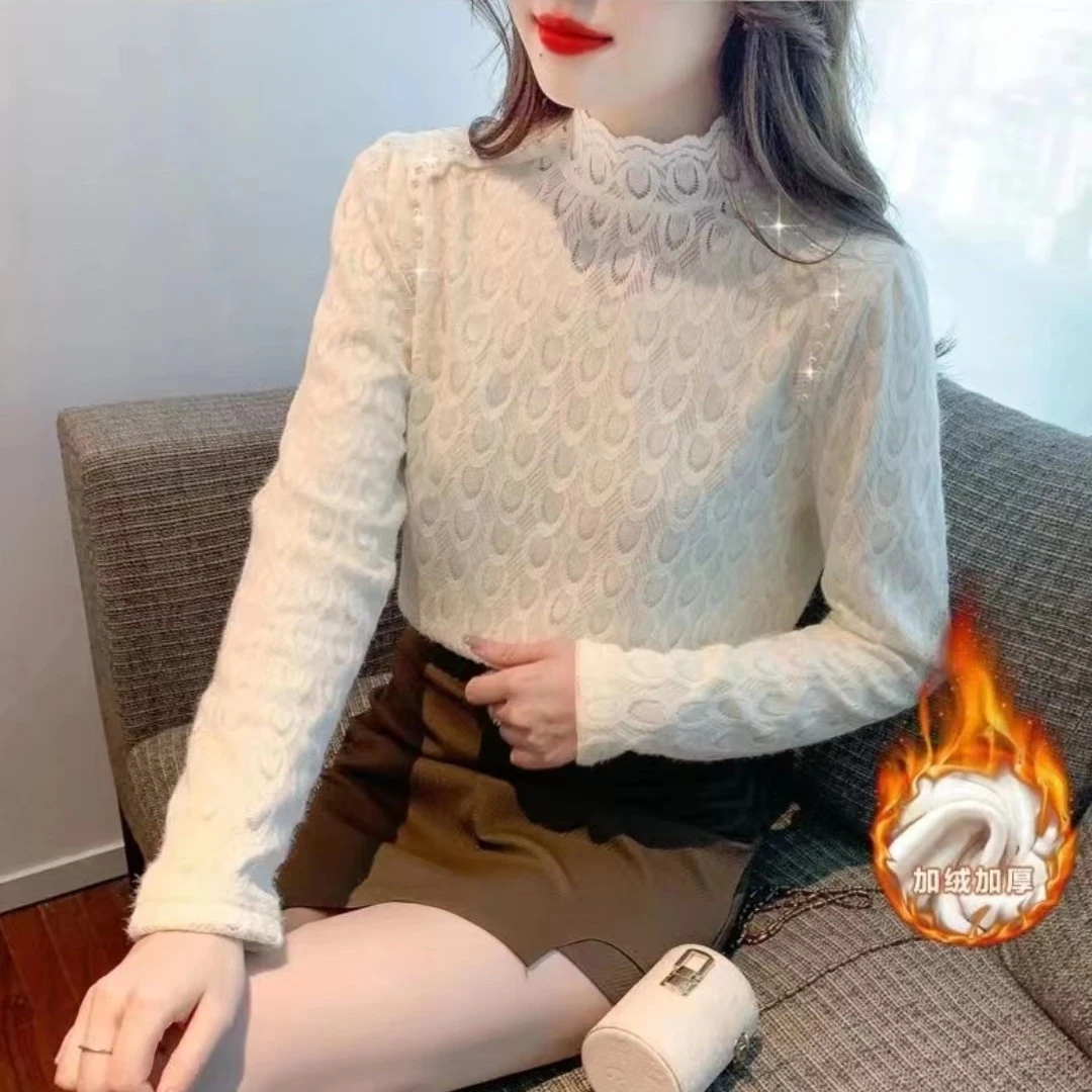 冬季洋气网红蕾丝显瘦加绒立领时尚百搭打底气质加厚保暖内搭上衣