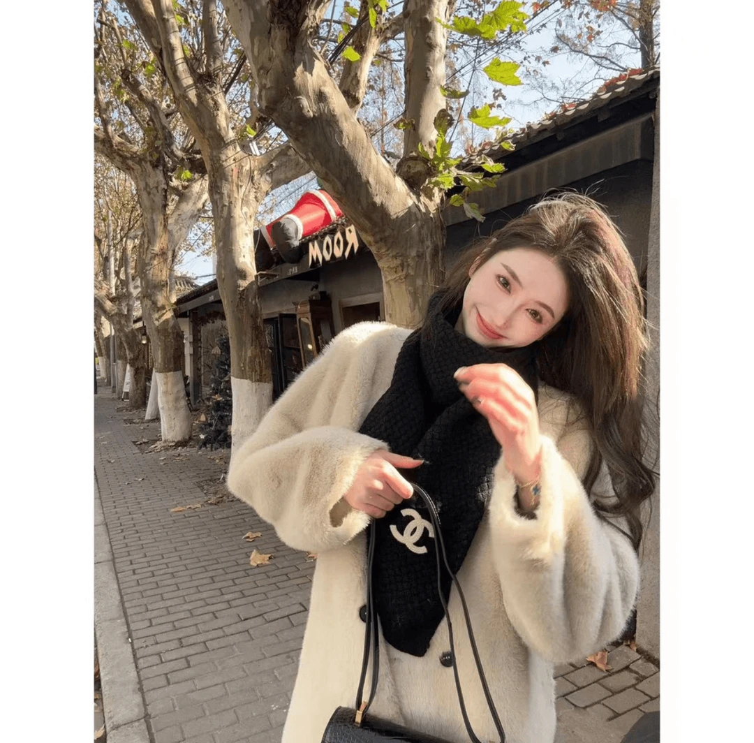 JING【伯爵千金】冬季保暖过膝长款宽松毛毛外套