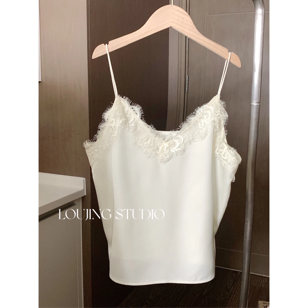 JING 夏季法式小众设计感性感纯色百搭睫毛蕾丝蔷薇吊带美背打底