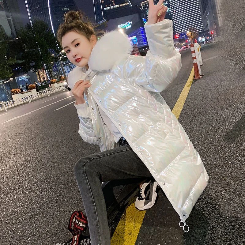 2024学生亮面中长款毛领新款加厚韩版面包宽松棉衣外套时尚棉袄