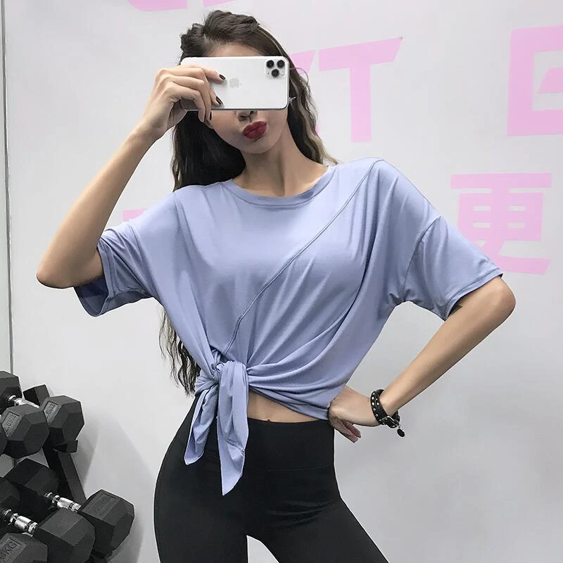 岚纹宽松罩衫网红瑜伽服短袖速干薄t恤大码跑步运动上衣透气开叉