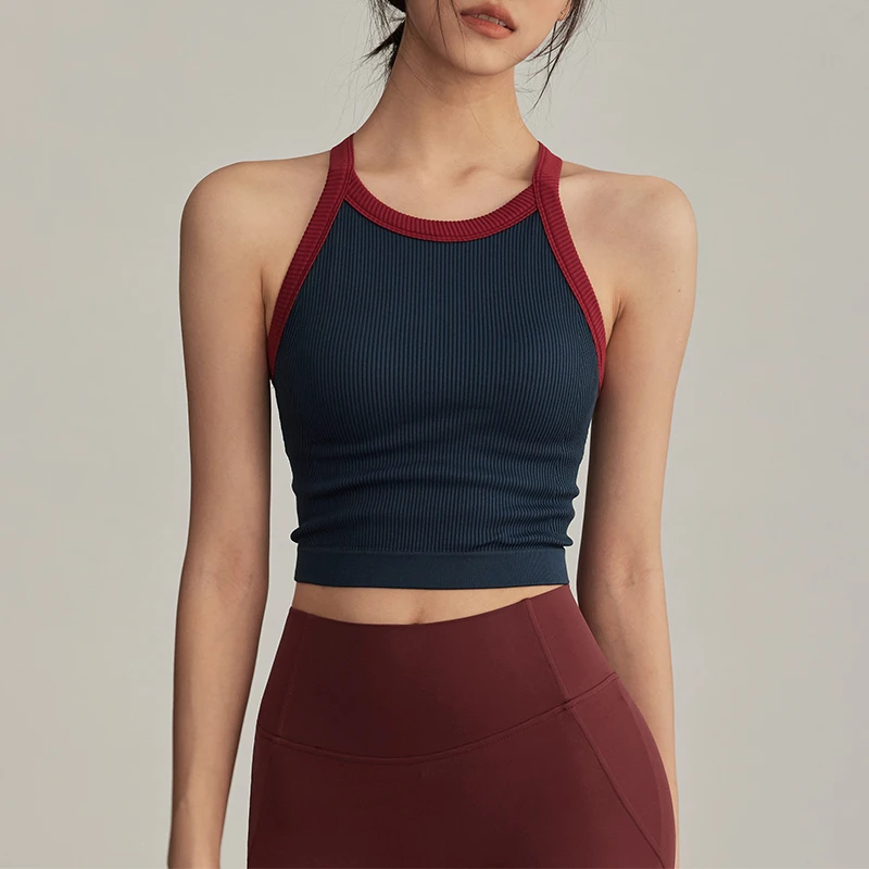 岚纹带胸垫运动背心聚拢防震跑步内衣外穿复古瑜伽服工字文胸