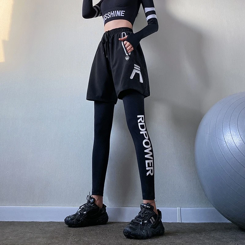 岚纹国潮假两件运动裤显瘦高腰紧身外穿ns潮瑜伽长裤秋冬新弹力