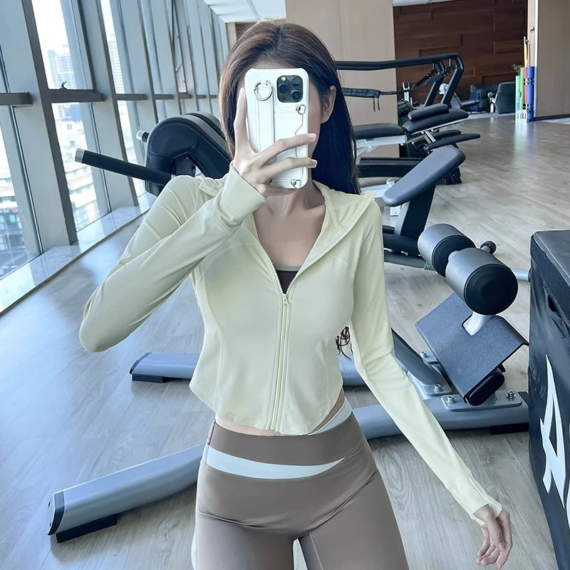 岚纹修身显瘦瑜伽服女连帽全拉链跑步运动外套舒适健身长袖上衣冬