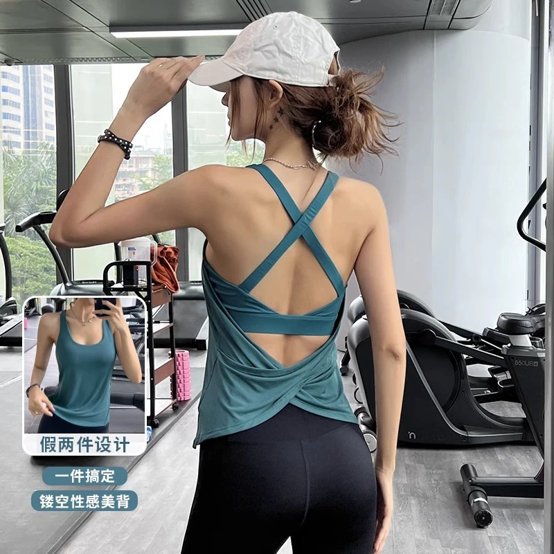 岚纹含胸垫瑜伽背心女防震跑步无袖宽松运动服显瘦透气健身上衣薄