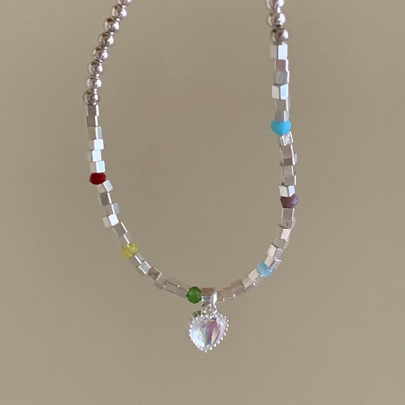 铜合金手链 爱心银色手链小众串珠彩色ins甜美可爱拼接清新百搭