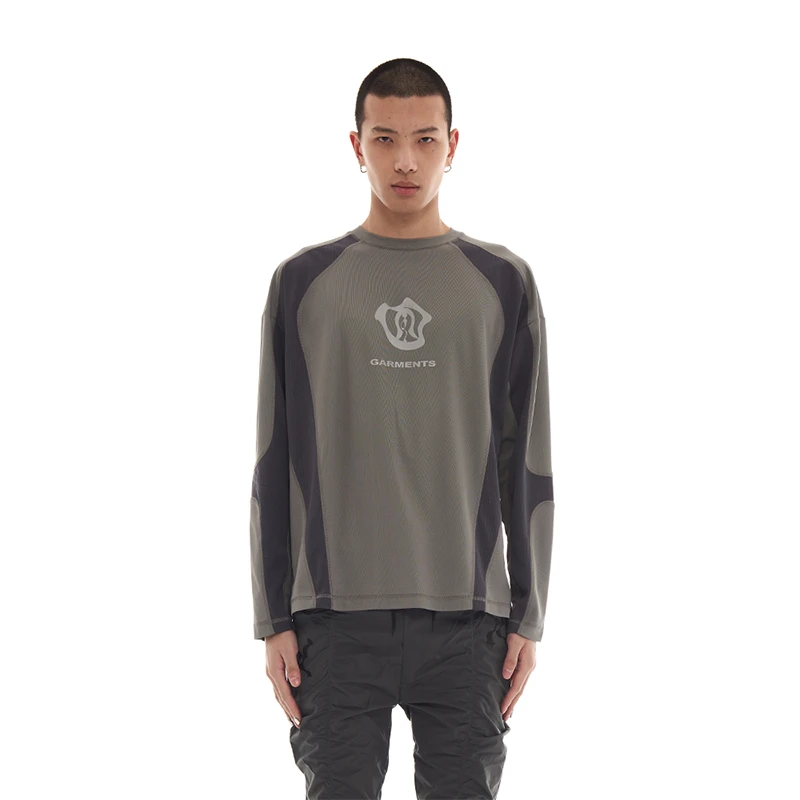 GARMENTS带帽拼接网眼面料拼接烫钻印花机能感长袖T恤