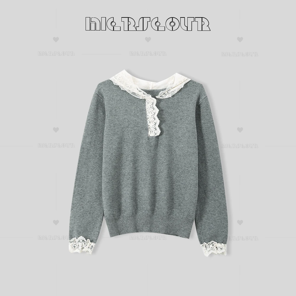 【编织时光】秋冬新款甜美蕾丝边针织内搭上衣608